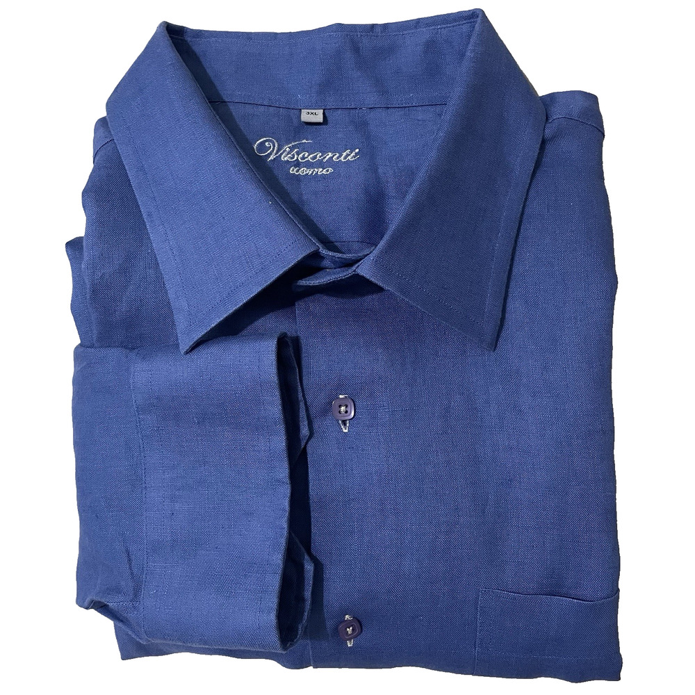 Visconti Uomo 100% Linen Button Up Shirt Size 3 XL Men Blue Long Sleeve Casual
